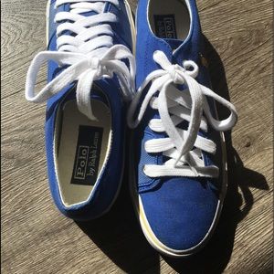 Mens Polo Ralph Lauren blue with yellow trim canvas sneaker.